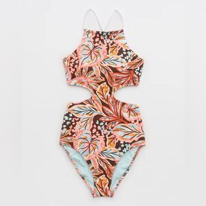 Aerie Buzzed Terry Halter Cut Out One Piece Swimsuit size large nwt